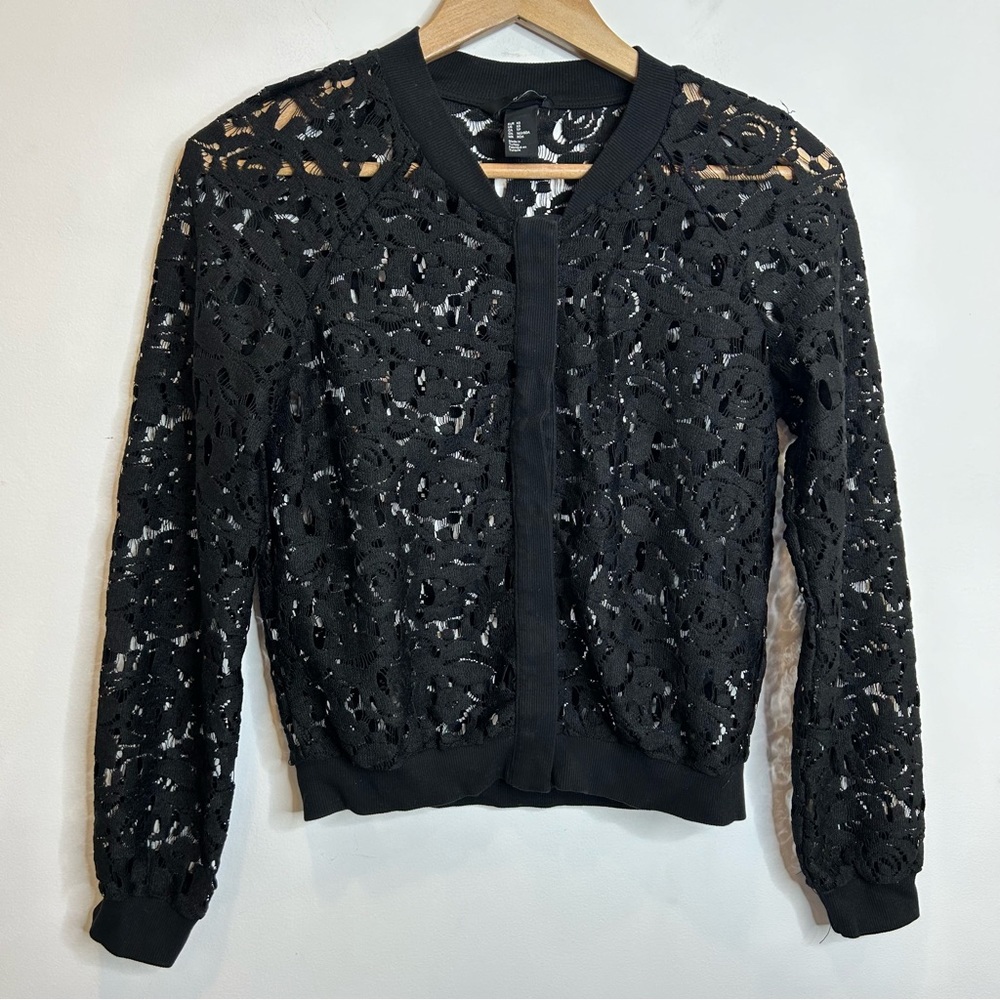 H&M Black Floral Lace Bomber Jacket